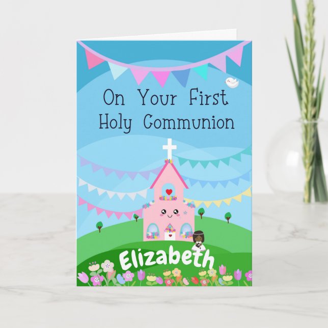 Personalised cute First Holy Communion Card -girl (Front)