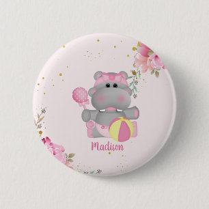 Personalised Cute Floral Hippo Baby Shower Button