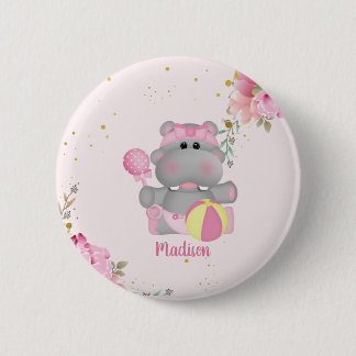 Personalised Cute Floral Hippo Baby Shower Button
