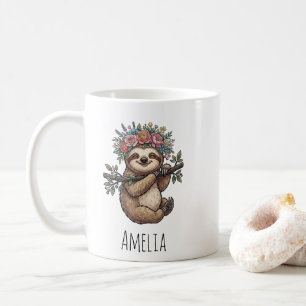 Personalised Cute Floral Sloth with Flower Crown   Coffee Mug