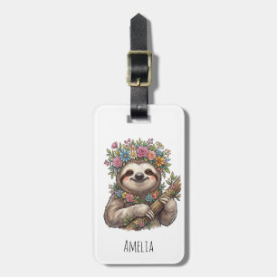 Personalised Cute Floral Sloth with Flower Crown   Luggage Tag