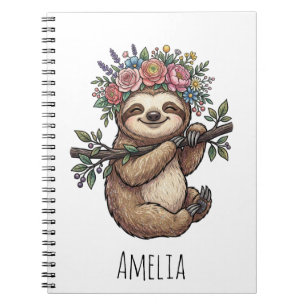 Personalised Cute Floral Sloth with Flower Crown Notebook