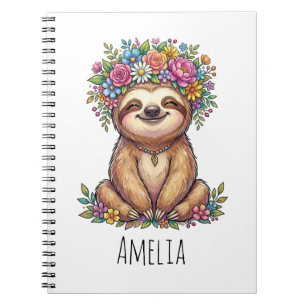 Personalised Cute Floral Sloth with Flower Crown Notebook