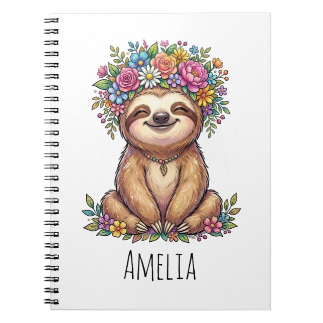 Personalised Cute Floral Sloth with Flower Crown   Notebook (Front)
