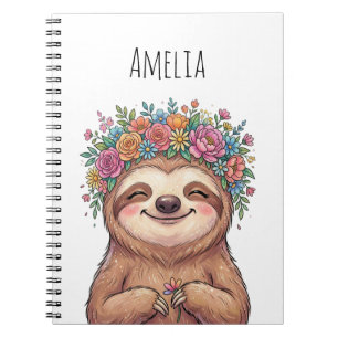 Personalised Cute Floral Sloth with Flower Crown Notebook