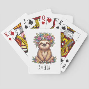 Personalised Cute Floral Sloth with Flower Crown   Playing Cards