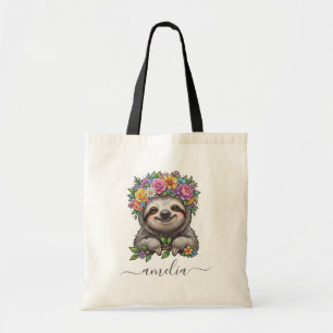 Personalised Cute Floral Sloth with Flower Crown   Tote Bag