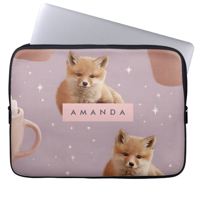 Personalised Cute Fox and Hot Cocoa Pattern Laptop Sleeve (Front)