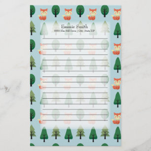 Personalised Cute Foxes and Trees on Blue Stationery