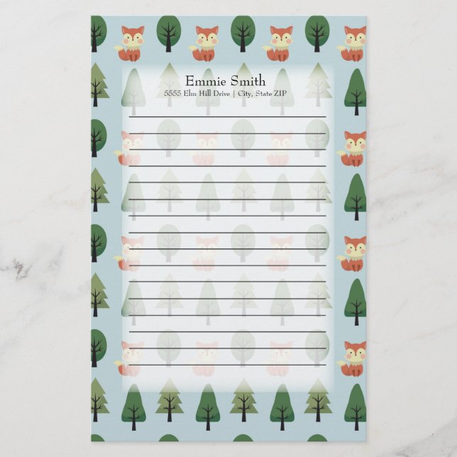 Personalised Cute Foxes and Trees on Blue Stationery (Front)