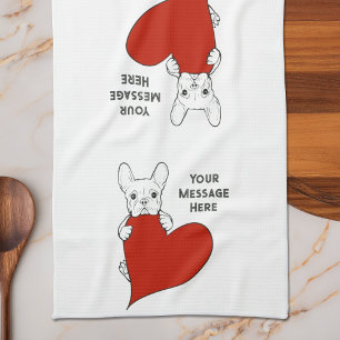 Personalised Cute French Bulldog with a Red Heart Tea Towel