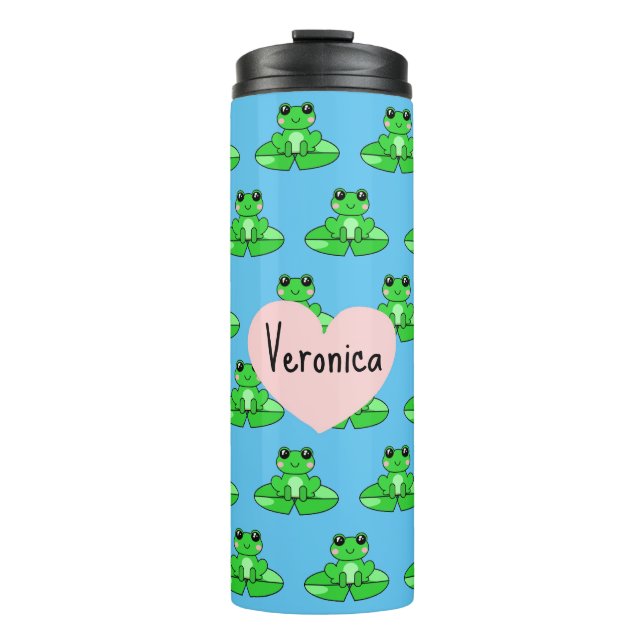 Personalised Cute Frog | Name in Heart Thermal Tumbler (Front)