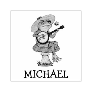 Personalised Cute Frog Playing Banjo on Mushroom Rubber Stamp