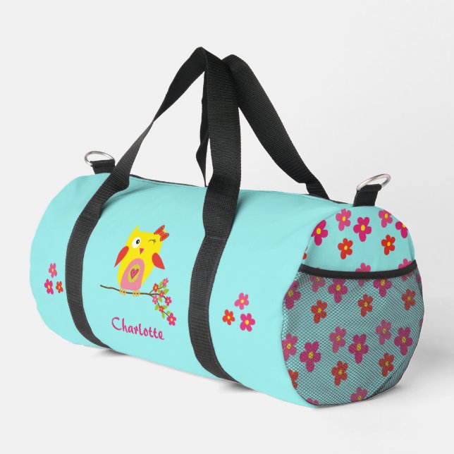 Personalised Cute Funny Owl Pink Flowers Girly  Duffle Bag (Right Corner)