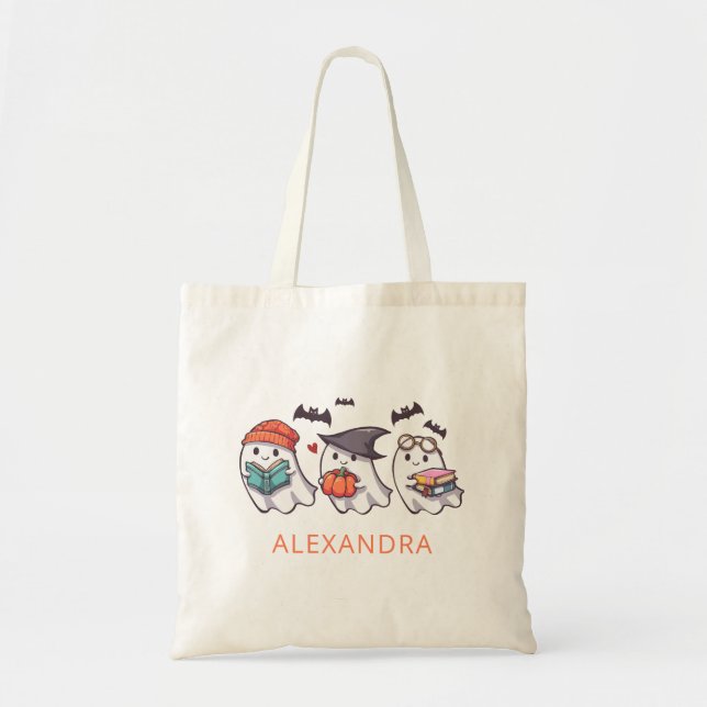 Personalised Cute Ghosts Reading Books Halloween Tote Bag (Front)