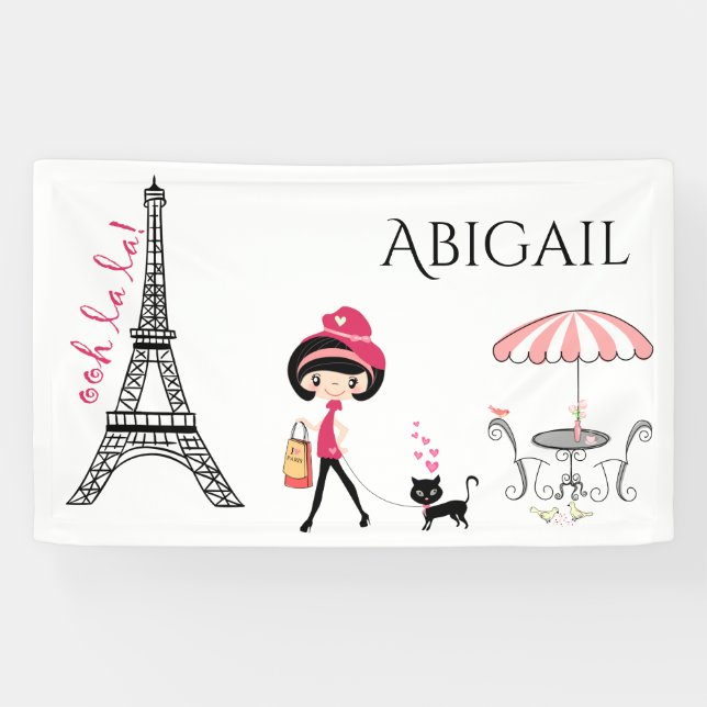 Personalised Cute Girl and Cat Eiffel Tower Paris Banner (Horizontal)