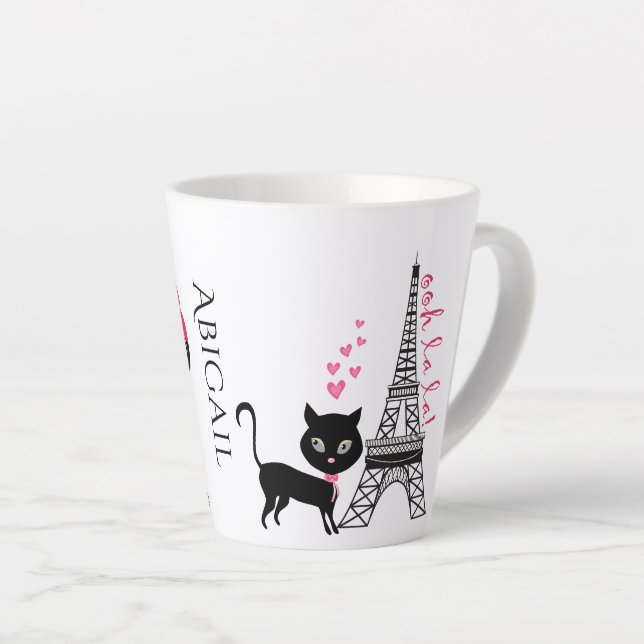 Personalised Cute Girl and Cat Eiffel Tower Paris Latte Mug (Right Angle)