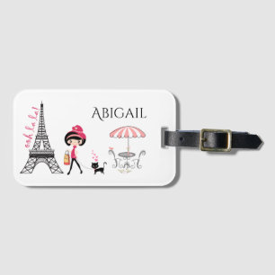 Personalised Cute Girl and Cat Eiffel Tower Paris Luggage Tag