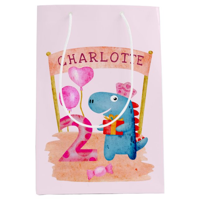 Personalised Cute Girly Dinosaur 2 Years Birthday Medium Gift Bag (Front)