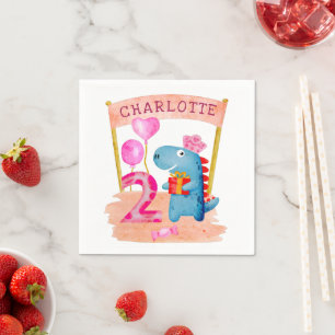 Personalised Cute Girly Dinosaur 2 Years Birthday Napkin