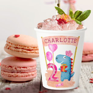 Personalised Cute Girly Dinosaur 2 Years Birthday Paper Cups