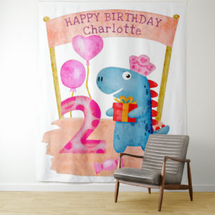Personalised Cute Girly Dinosaur 2 Years Birthday Tapestry