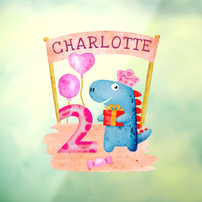 Personalised Cute Girly Dinosaur 2 Years Birthday Window Cling (Sheet 3)