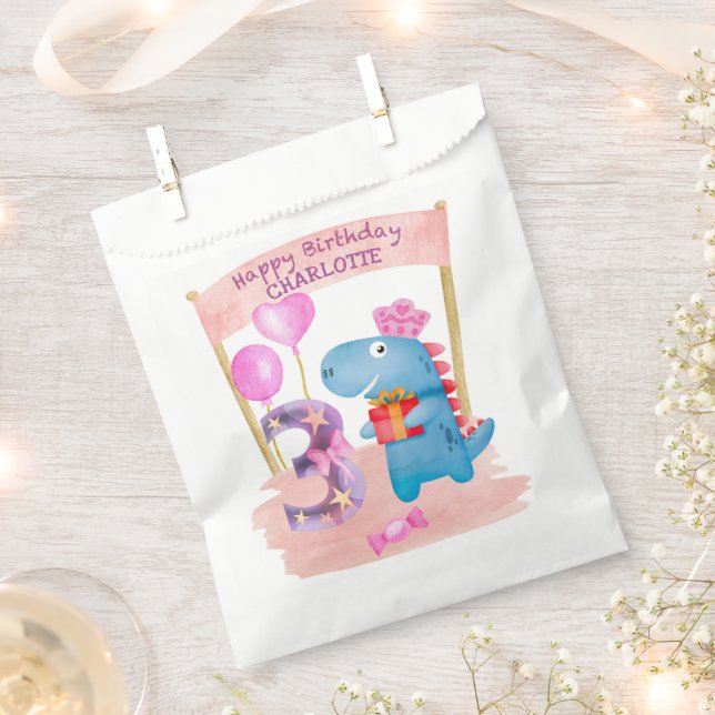 Personalised Cute Girly Dinosaur 3 Years Birthday Favour Bags (Clipped)
