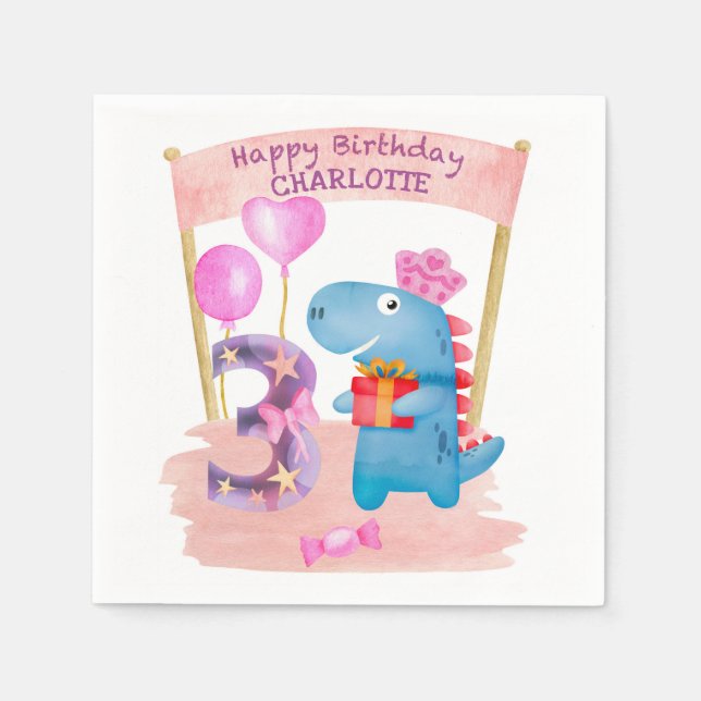 Personalised Cute Girly Dinosaur 3 Years Birthday Napkin (Front)