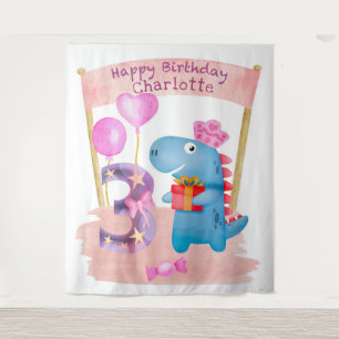 Personalised Cute Girly Dinosaur 3 Years Birthday Tapestry
