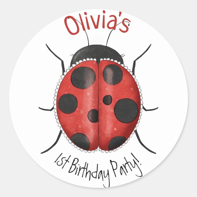 Personalised Cute Girly LadyBug 1st Birthday  Classic Round Sticker (Front)