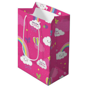 Personalised Cute Girly Pink Rainbow & Skies Medium Gift Bag