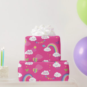 Personalised Cute Girly Pink Rainbow & Skies Wrapping Paper