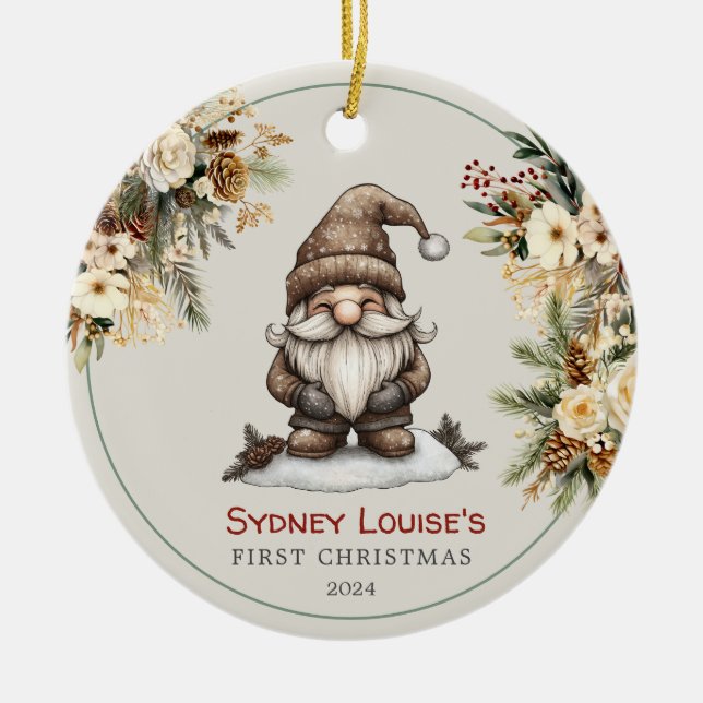 Personalised Cute Gnome Baby's First Christmas Ceramic Tree Decoration (Front)