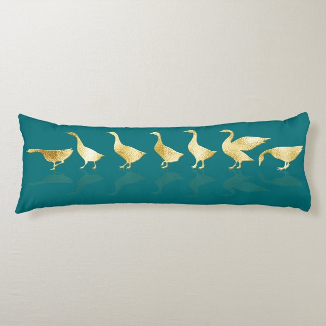 Personalised Cute Gold Foil Geese Deep Teal Aqua Body Cushion (Front)
