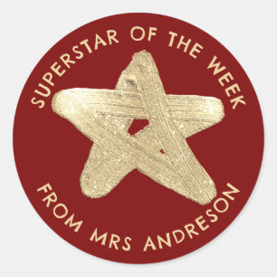 Personalised cute golden Superstar of the week red Classic Round Sticker