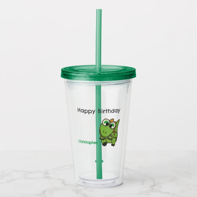 Personalised cute green dinosaurs blue birthday acrylic tumbler (Front)