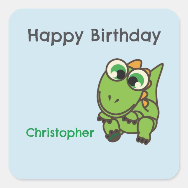 Personalised cute green dinosaurs blue birthday square sticker (Front)
