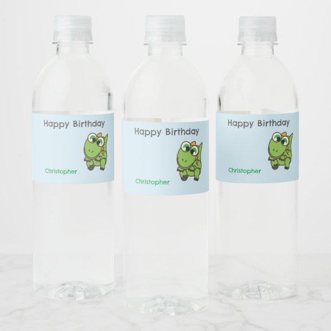 Personalised cute green dinosaurs blue birthday water bottle label (Bottles)