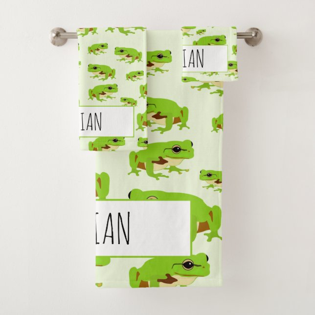 Personalised Cute Green Tree Frog Pattern  Bath Towel Set (Insitu)