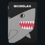 Personalised Cute Grey Shark Kids Modern Fish iPad Pro Cover<br><div class="desc">Personalised Cute Grey Shark Kids Modern Fish iPad Smart Cover. Edit to change background colour or font colour. Grey shark with sharp teeth on a black background with name above in fun white font.  Cute killer shark ocean themed electronic accessories.</div>