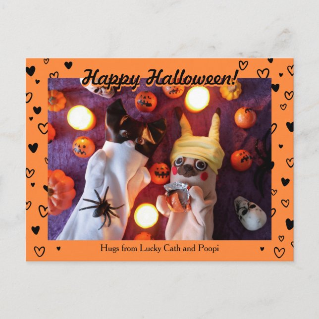 Personalised Cute Halloween Black Hearts Photo Postcard (Front)