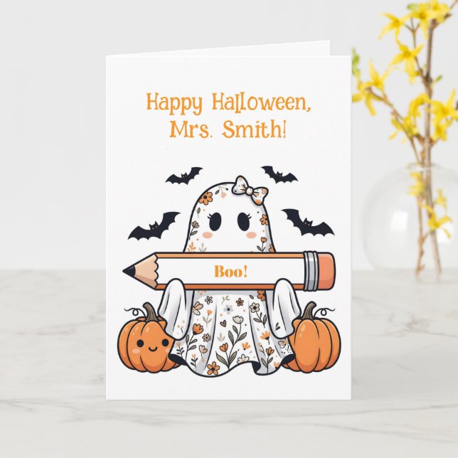 Personalised Cute Halloween Ghost Teacher Greeting Card (Yellow Flower)