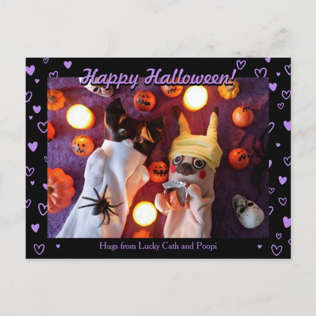 Personalised Cute Halloween Purple Hearts Photo  Postcard (Front)