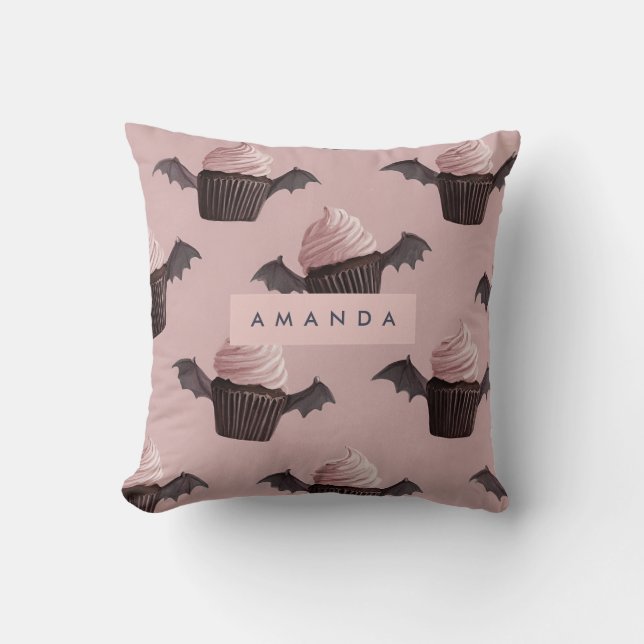 Personalised Cute Halloween Spooky Bat Cupcake Cushion (Front)