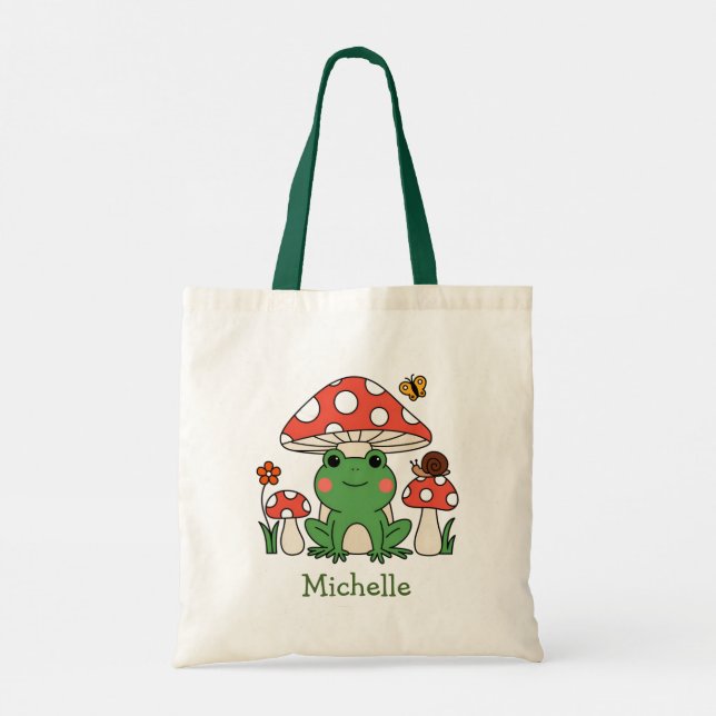 Personalised Cute Happy Green Frog and Mushrooms   Tote Bag (Back)