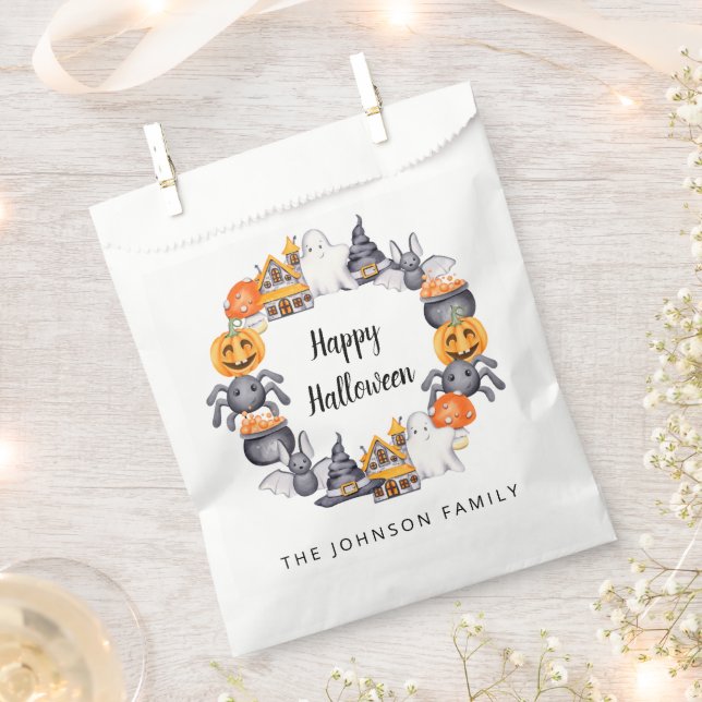 Personalised Cute Happy Halloween Illustration Favour Bags (Clipped)