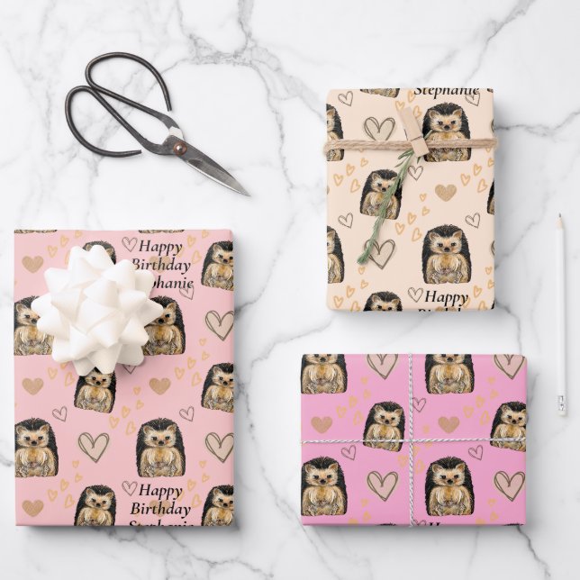 Personalised Cute Hedgehog Gift Wrapping Paper (Front)