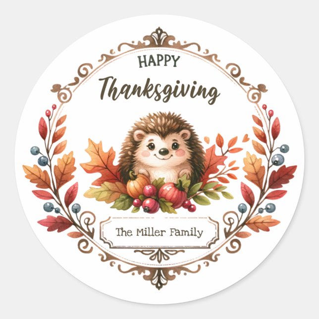 Personalised Cute Hedgehog Happy Thanksgiving  Classic Round Sticker (Front)