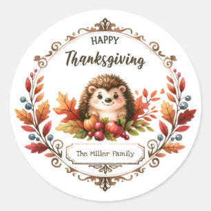 Personalised Cute Hedgehog Happy Thanksgiving  Classic Round Sticker